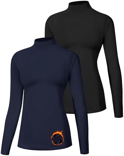 Runhit Women's Thermal Fleece Compression Shirt Mock Neck Long Sleeve Athletic Base Layer Tops Running Workout Football Golf Cold Weather Gear Black+Navy Blue M