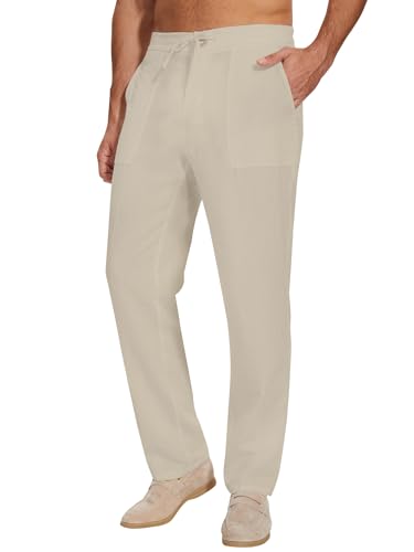 SEVEGO Mens Casual Linen Pants 30''/32''/34''/36'' Elastic Waist Drawstring Straight-Legs Summer Beach Loose Fit Trouser