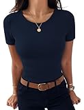 Aottori Tee Shirt Femme Côtelé Col Rond Manches Courtes Hauts Été Fines Chic et Elegant T Shirt Moulant Stretch Top Sexy Pull Basic Uni Tricot Bleu Marine XL