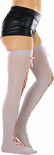Image of ToBeInStyle Women's Lace Up Back Seam Tights Sheer or Opaque Hosiery Stockings Crisscross Lace Ribbon Zigzag Design