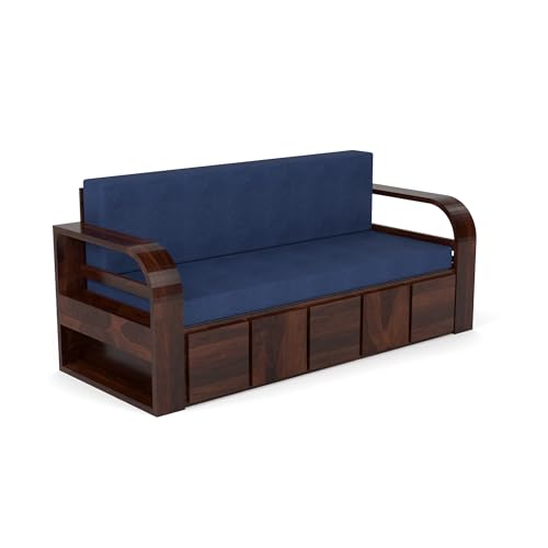 Image of Mamta Furniture Sheesham Wood Sofa Cum Bed with Storage for Living Room Bedroom | Wooden Diwan Sofa Set with Navy Blue Mattress | Solid Wood Sofa Bed in Walnut Finish