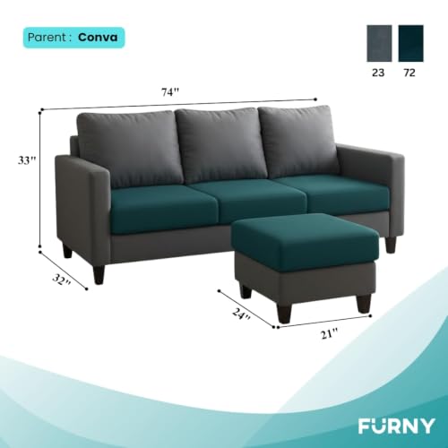 Image of FURNY Arnold 4 Seater L Shape Sofa Set with Movable Ottoman | Flexible Left or Right Layout | Plush Velvet Fabric (Dark Grey-Greenish Teal) | Perfect for Living Room, Guest Room & Office