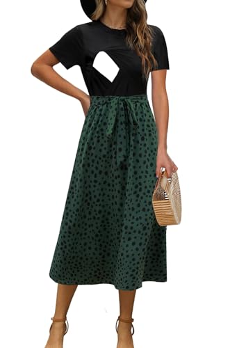 Image of CzzzyL Women Nursing Dress Short Sleeve Floral Patchwork Ribbed Pregnancy Tie Waist Work Outfits Summer