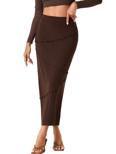 Rooscier Women's High Waisted Ribbed Knit Bodycon Casual Midi Pencil Skirt with Back Split2