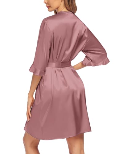 Image of Ekouaer Women's Satin Robe Valentines Lingerie for Women Kimono Bathrobe Short Ruffle Belted Robes Bridesmaids Sleepwear