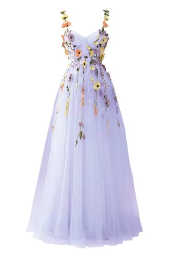 Fivsole 3D Floral Applique Prom Dresses Flower Tulle Long Wedding Formal Evening Gown