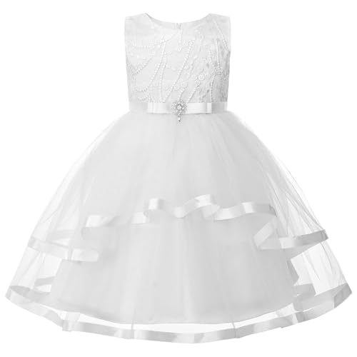 Uhnice Flower Girl Dress Sleeveless Tulle Tutu Beaded Embroidery for Wedding Birthday Party