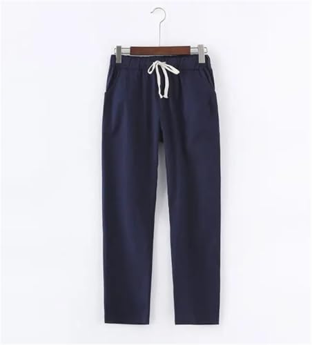 Women Summer Linen Cotton Casual Solid Color Elastic Waist Trousers Harajuku Ankle-Length Pants3