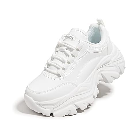 K KIP WOK Chunky Sneakers for Women Fashion Platform White Leather Casual Dad Shoes Comfortable Wedge Walking Sport Sneakers(White,10) Cover