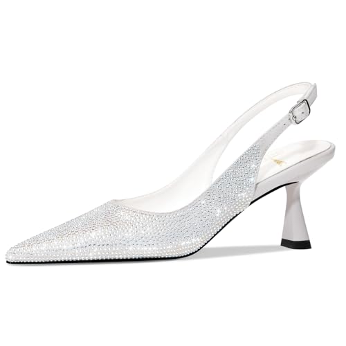 Image of LOCERICH Women's Kitten Heels Slingback Low Heel Dress Shoes Closed Toe Pumps Rhinestone Pointed Toe Sparkly Sling Back Bridal Wedding Party