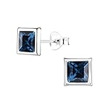 Juego de aretes de tuerca clásicos de 7 mm, diseño cuadrado de plata de ley 925 con circonita cúbica, color azul marino