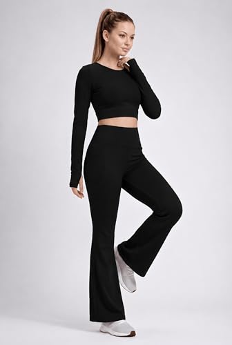 Image of PINAAK FASHION Women's Yoga Co-Ord Set | Full Sleeve Crop Top & Flared High Waist Yoga Pants with Pocket | Thumb Hole Sleeves | Bell Bottom Gym Wear Activewear Tracksuit for Workout, Running & Lounge