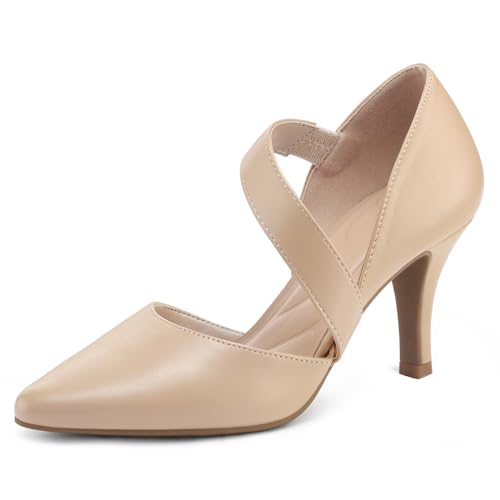 Image of mysoft Women's Pointed Toe Pumps Stiletto Heel Dress Shoes Wide Width | 3 Inch Stiletto Heel, Closed Toe, Wide Width, Elastic Strap, Comfortable, Daily, Wedding Party, Formal, Office Work Dressy