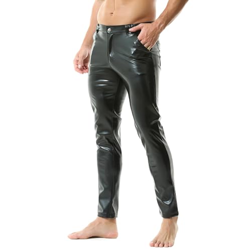 QiaTi Herren Kunstlederhosen Casual Stretch PU Leder Schwarz Straight Leg Slim Fit Hose Motorrad Nacht Club Lange Hose