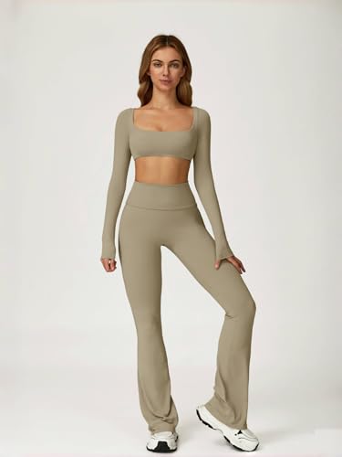 Image of ABOCIW Women Square Neck Long Sleeve Workout Crop Top Low Medium Impact Athletic Yoga Gym Shirts with Built in Bra(ONLY TOP)
