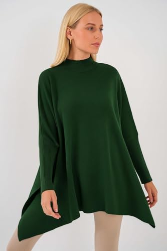 Image of Women's Crew Neck Batwing Sleeve Split Hem Oversized Knit Poncho Sweater