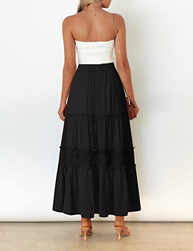 MEROKEETY Women's Boho Elastic High Waist Pleated A-line Ruffle Lace Trim Tiered Midi Maxi Skirt with Pockets4