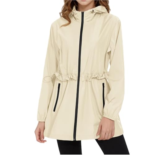 QATOBI Chubasquero Running Mujer, Chaqueta Cortaviento con Capucha, Ideal para el Aire Libre Campamento Pesca(Beige,S)