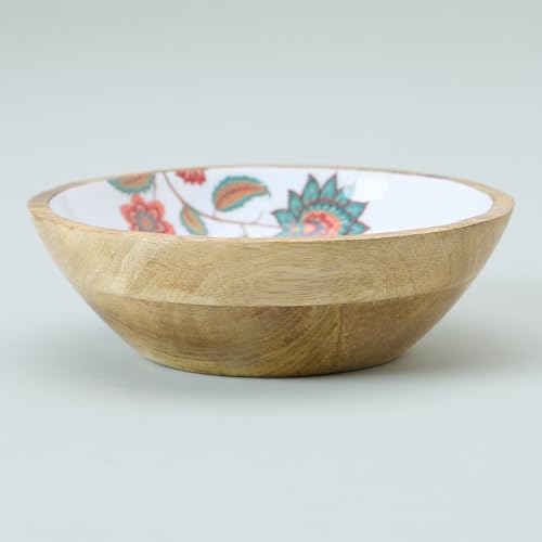 Image of SAAGA Printed Mango Wood Mixing Bowl - 8 x 2.5 Inch Large Wooden Serving Bowl | Stylish Salad, Fruit & Snack Bowl - Cinder Printed Bowl