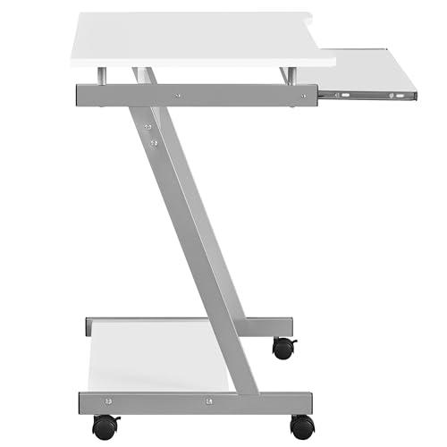 Yaheetech White Mobile Computer Desk, Z-Shaped Design Small Office Workstation, PC Laptop Table with Sliding Keyboard Tray and Priter Shelf, Rolling Office Study Table on Wheels