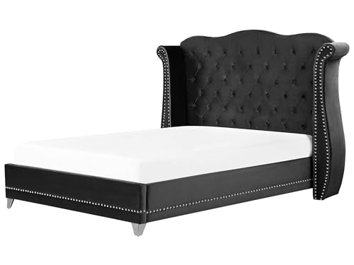Lit Double Capitonné Type Chesterfield en Velours Noir avec Haute Tête de Lit Boutonnée 180 x 200 cm avec Sommier pour Chambre Glamour Vintage Beliani