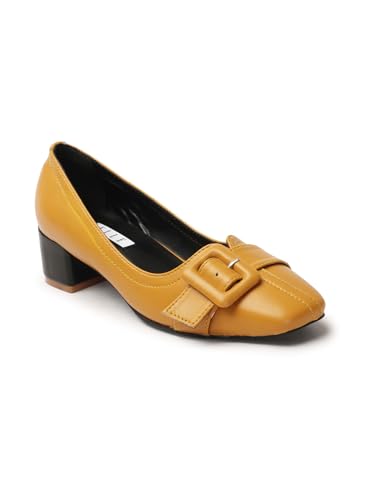 Image of ELLE Women's Square Toe Block Heels Slip-On Pumps with Buckle Detail