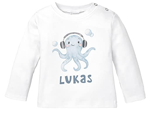 Preisvergleich Produktbild SpecialMe® Baby Langarmshirt mit Namen personalisiert Octopus Unterwasser Tiermotiv Tintenfisch Junge Mädchen Bio-Baumwolle weiß 68 / 74 (4-9 Monate)