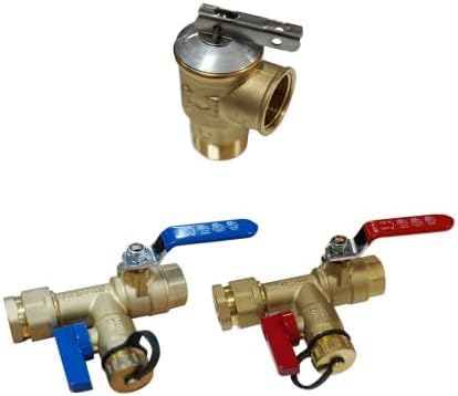 3/4''NPT Tankless Water Heater Service Valve Kit, with 150 PSI Pressure Relief Valve, Hot and Cold Isolator Valve