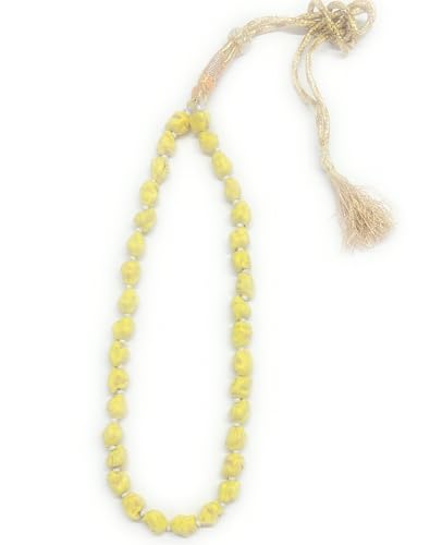 Image of Yellow Zade Stone Necklace with Golden Braided Cord and Tassels, Handcrafted Beaded Design