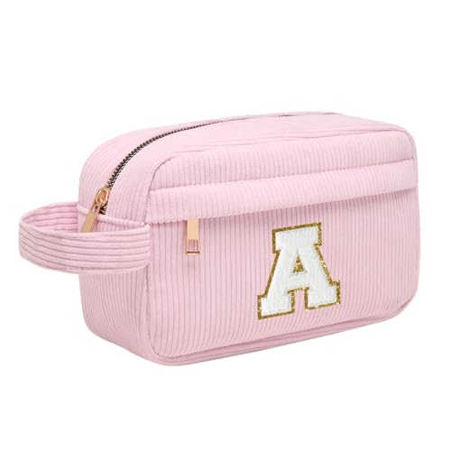 Neceser Maquillaje Mujer Personalizado Inicial, Bolsa de Cosméticos de Viaje, Gran Capacidad Neceser de Maquillaje de Pana, Regalo Cumpleaños Navidad para Mujeres Novias Mejores Amigas, Rosa A