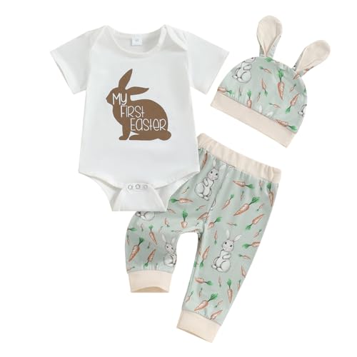 VSQWLZT My 1st Easter Outfits Infant Baby Boy Short Sleeve Romper Bunny Onesie + Pants + Hat 3Pcs Clothes Set (White Bunny, 3-6 Months)
