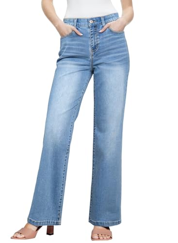 Image of Sidefeel Women's Wide Leg Jeans High Waisted Tummy Control Stretchy Straight Leg Elastic Waist Trendy Denim Pants