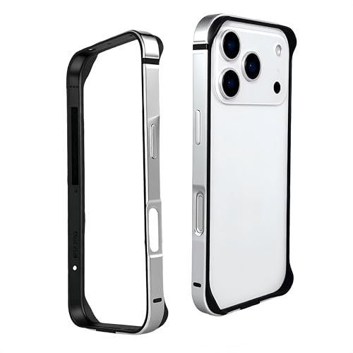 iphone17pro max向けバンパー アルミ アイフォン17プロマックス向けケース ストラップホール 放熱 メタルフレーム シリコン 二重構造 軽量 金属サイド耐衝撃カバー(シルバー)