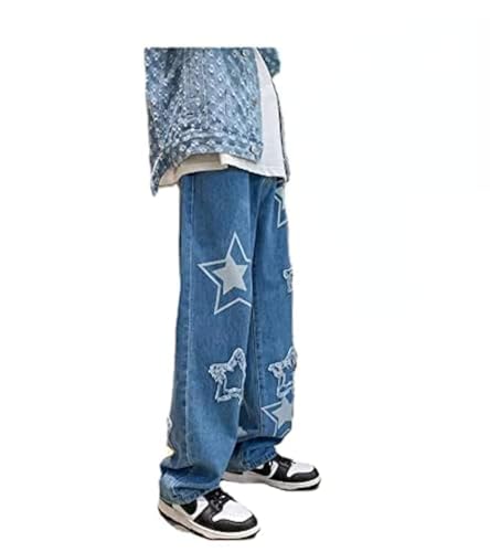 Vintage Men's Korean Denim Pants Y3K Cltohes Streetwear Printed Patchwork Male Baggy Jeans Straight Trousers Blue