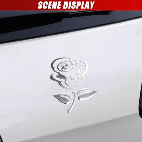 Image of 3D Rose Car Sticker Decal, Waterproof PVC Auto Bumper Stickers, 3.9'' x 3.1'' Cute Flower Car Window Decals, Vehicle Exterior Decoration Accessories for Wall, Mirror, Laptop (Silver)