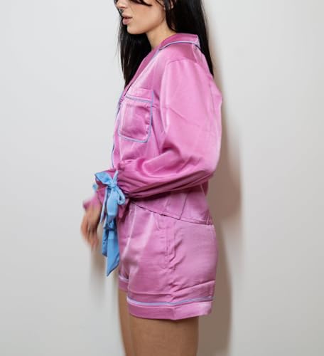 Image of Yiulangde Valentines Heart Bow Pajamas for Women Silk Satin Ruffle Shorts Pjs Tie Front Long Sleeve Shirts Pajamas with Bows Pink