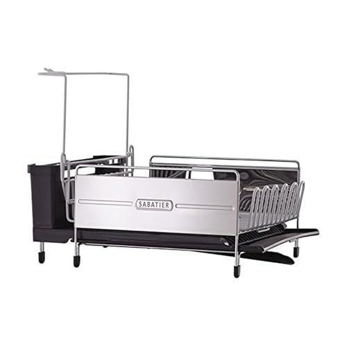 Sabatier Expandable Stainless Steel Dish Rack with Rust-Resistant Soft Coated Wires and Bi-Directional Spout, with Utensil Caddy and Removable Stemware Holder