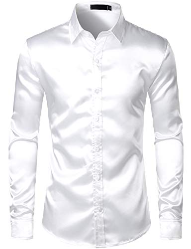 Image of ZEROYAA Men's Luxury Printed Silk Like Satin Button Down Dress Shirt for Party Prom