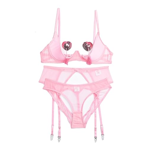 Soutien-gorge push-up transparent et culotte en dentelle rose pour femme