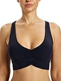 Omwilddo Ruched Front Criss Cross Back Sports Bra Buttery Soft Yoga Tank Padded Low Impact Workout Crop Top Center Pleats Black S