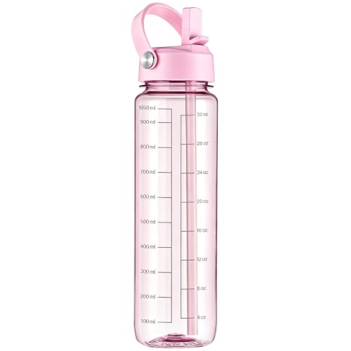 GOPPUS 32oz Clear Water Bottle with Flip Straw, Lightweight, Leakproof, Easy Carry and BPA-Free, Tritan Water Bottlefor Sport, Travel, Outside (Bright Pink)