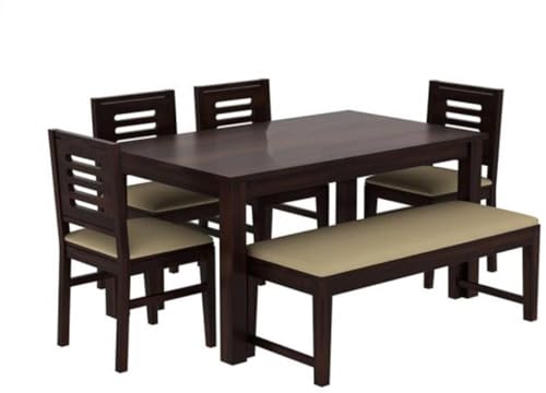 Image of Sheesham Wood Dining Table 6 Seater Set || Home Furniture 6 Seater Dining Table with Chair || Dining Room Set || Dining Table Set || Wooden Dining Table with Bench || Walnut Finish