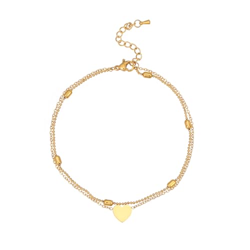 Image of 18K Gold Plated Anklets for Women Dainty Non Tarnish Ankle Bracelets Cuban Link Chain Anklets Layered Heart Beads Rhinestone Anklet Trendy Foot Jewelry