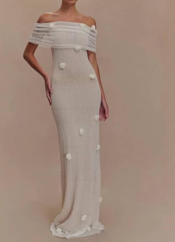 Women Sexy Off Shoulder Crochet Maxi Dress Elegant Long Sleeve Ruched Bodycon Knit Mesh Sheer Beach Vacation Party Dress2