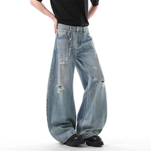 Men’s Niche Design Jeans, Holes Design, Worn-Out Contrast Color, Loose Wide Leg Casual Denim4