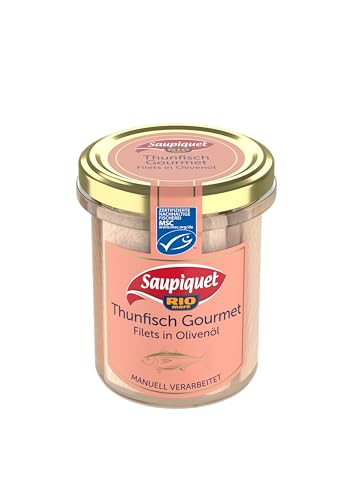 Saupiquet Rio Mare Gourmet Thunfisch-Filets in Olivenöl, Hochwertiges Olivenöl, Ganze Filets im Glas, von Hand verarbeitet, das Beste vom Thunfisch, Premium-Filets für besondere Anlässe, 180g