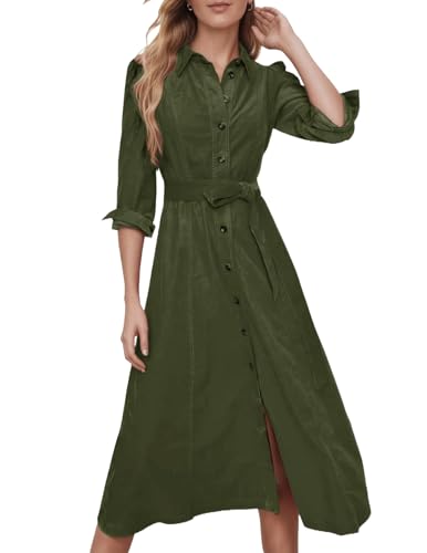 YEXPINE Women's Corduroy Maxi Dress Long Sleeve Cord Button Down Fall Shirt Long Dress with Belt Olive Green