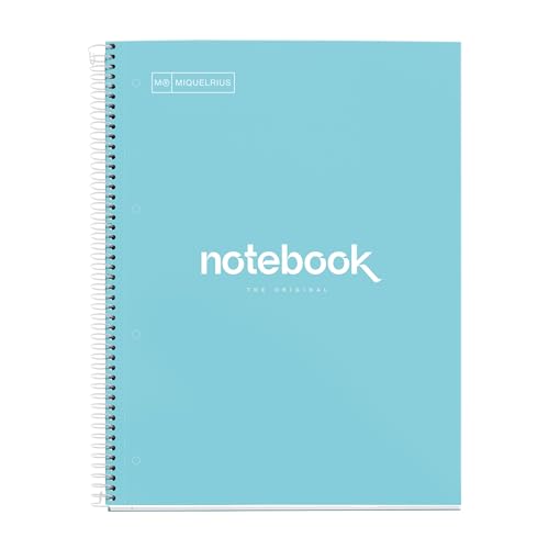 Miquelrius - Cuaderno A4, Notebook Emotions, 80 Hojas de 90 g/m², Cuadrícula 5 mm, 1 Franja de Color, Espiral Microperforado, Libreta Cuadriculada, Tapa Extra Rígida, 4 Taladros, Azul cielo