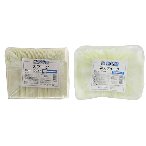 【セット買い】大和物産 使い捨て スプーン ホワイト 16cm 商売繁盛 カトラリー 袋なし 業務用 100個入 + プラスチックフォーク 袋入り 使い捨て食器 アイボリー 長さ12cm 使い捨てカトラリー 業務用 100本入 クリア