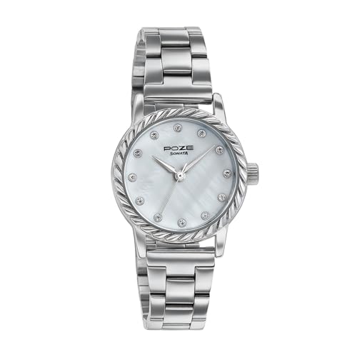 Image of Sonata Poze 8 Quartz Analog with MOP White Dial Silver Solid Link Strap Watch for Women - SP80177SM01W